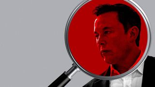 Photo illustration of Elon Musk behind a red-tinted magnifying glass